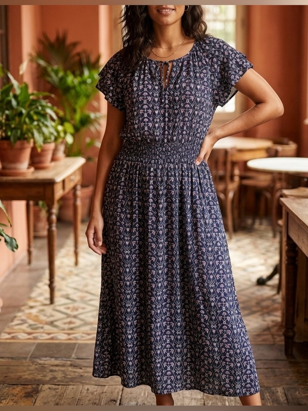 Destination 365 Dress, Size L, Bohemian Floral Print, Drawstring Neck.